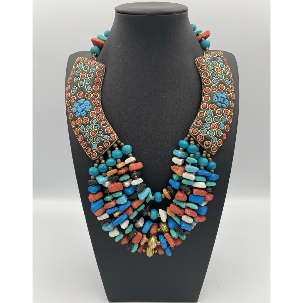 Vtg. Multicolor Stone Statement Necklace Signed Tanjore Gold Tone Tribal Style